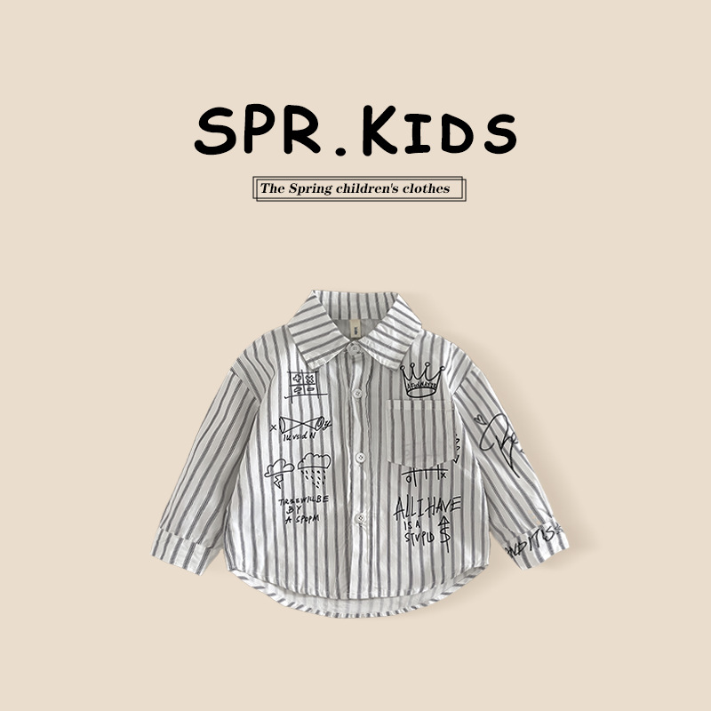 Camisa para niños ropa de primavera para niños 2024 Nueva solapa camisa de Letras a rayas ropa para niños pequeños y medianos estilo coreano abrigo de estilo occidental