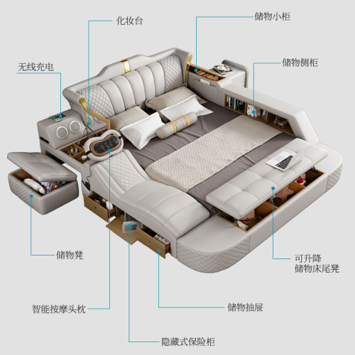 Luxury Leather Bed, Multi-functional Massage Tatami Storage Leather Art Bed, Bedroom, Large Apartment, Foreign Trade Bed 