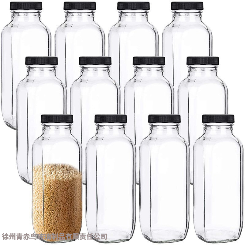 跨境跨境12oz玻璃饮料瓶黑色塑料盖16oz方形圆形果工厂出口