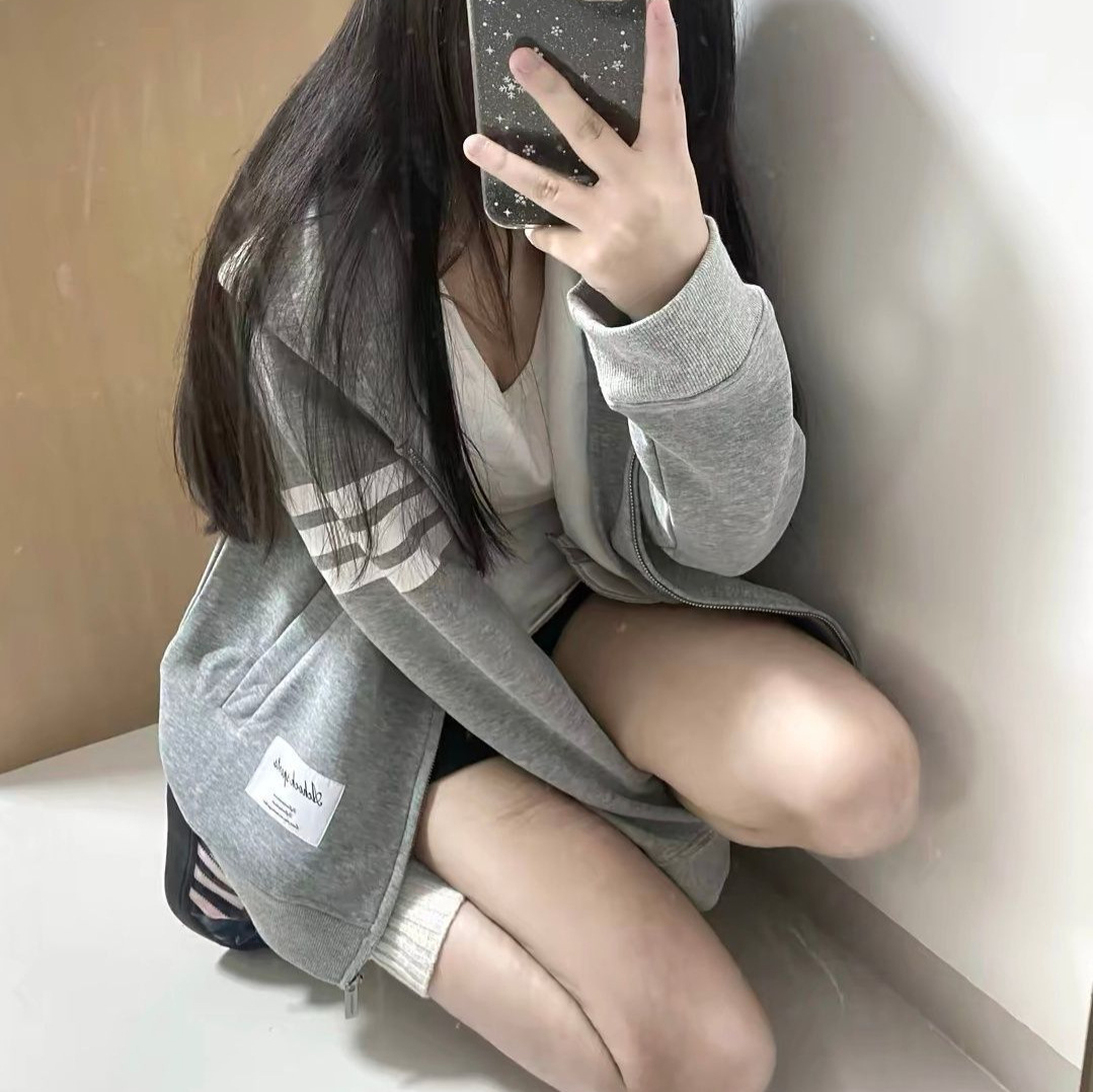 欧美式复古三杠春秋网红同款连帽外套国潮牌百搭显瘦情侣开衫卫衣