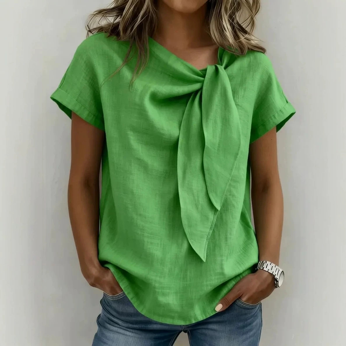 Elegant Women's Cotton Linen Blouse Bow Detail Casual Shirt Comfortable Fashionable Twist Top for Ladies_ecoleips.com