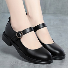 工鞋女黑色百搭一字扣单鞋软皮软底女鞋妈妈鞋子春秋款舒适皮鞋