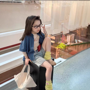 Girls' Korean Style Lazy Style Blue Plaid Shirt Short Retro Elegant 2025 Summer New Trendy Niche Top