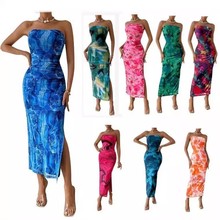 2025欧美外贸跨境女装亚马逊shein抹胸下摆开叉无袖印花连衣裙