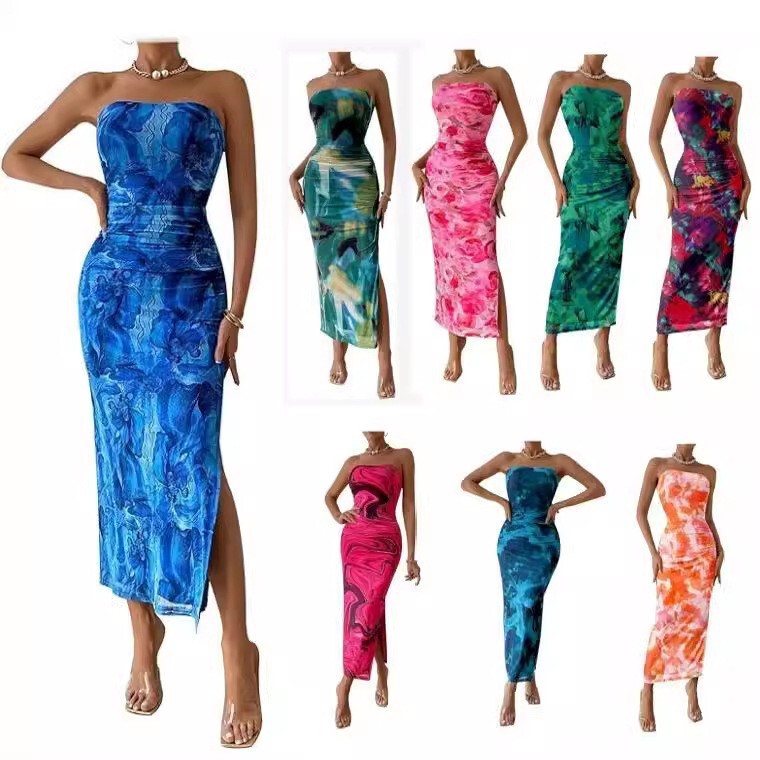 2025 Europe and the United States foreign trade cross-border women's clothing Amazon shein tube chest hem split sleeveless printed dress