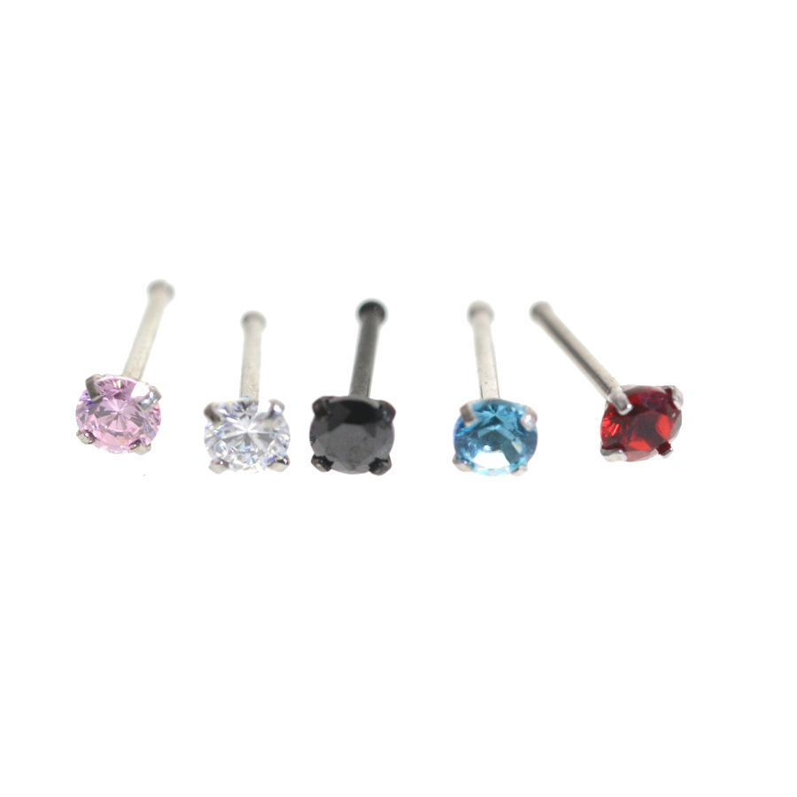 Piercing para nariz redondo con incrustaciones de circonita y varilla recta de acero inoxidable 316L de 0,8 mm, disponible en stock._voghion.com