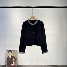 跨境秋冬女装法式小香风重工镶钻名媛毛衣外套气质圆领针织开衫女