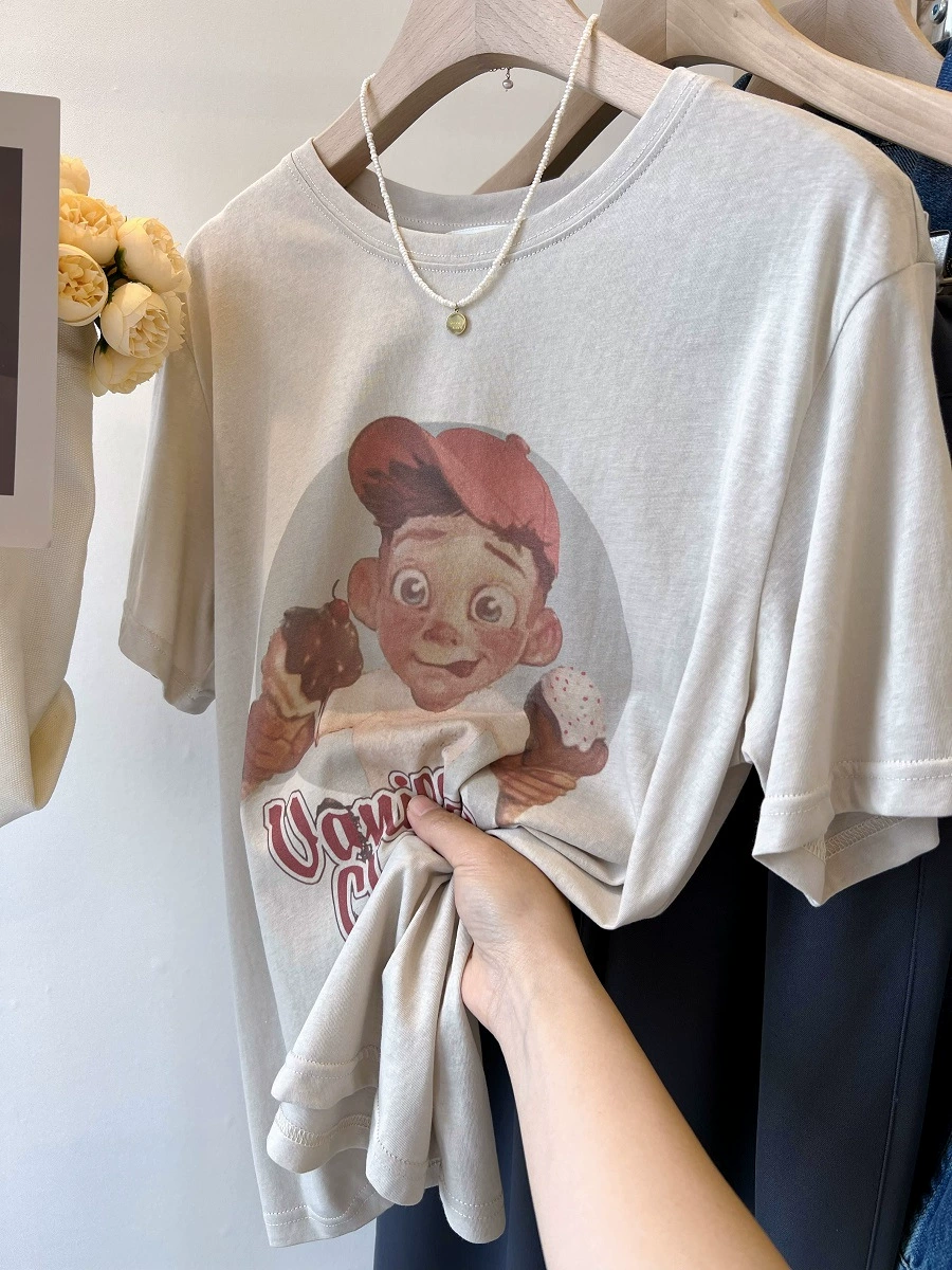 2023 летняя чистая хлопковая свободная новая милая шляпа в Корейском стиле для маленького мальчика в стиле ретро с круглым вырезом Большие размеры футболка с коротким рукавом для женщин