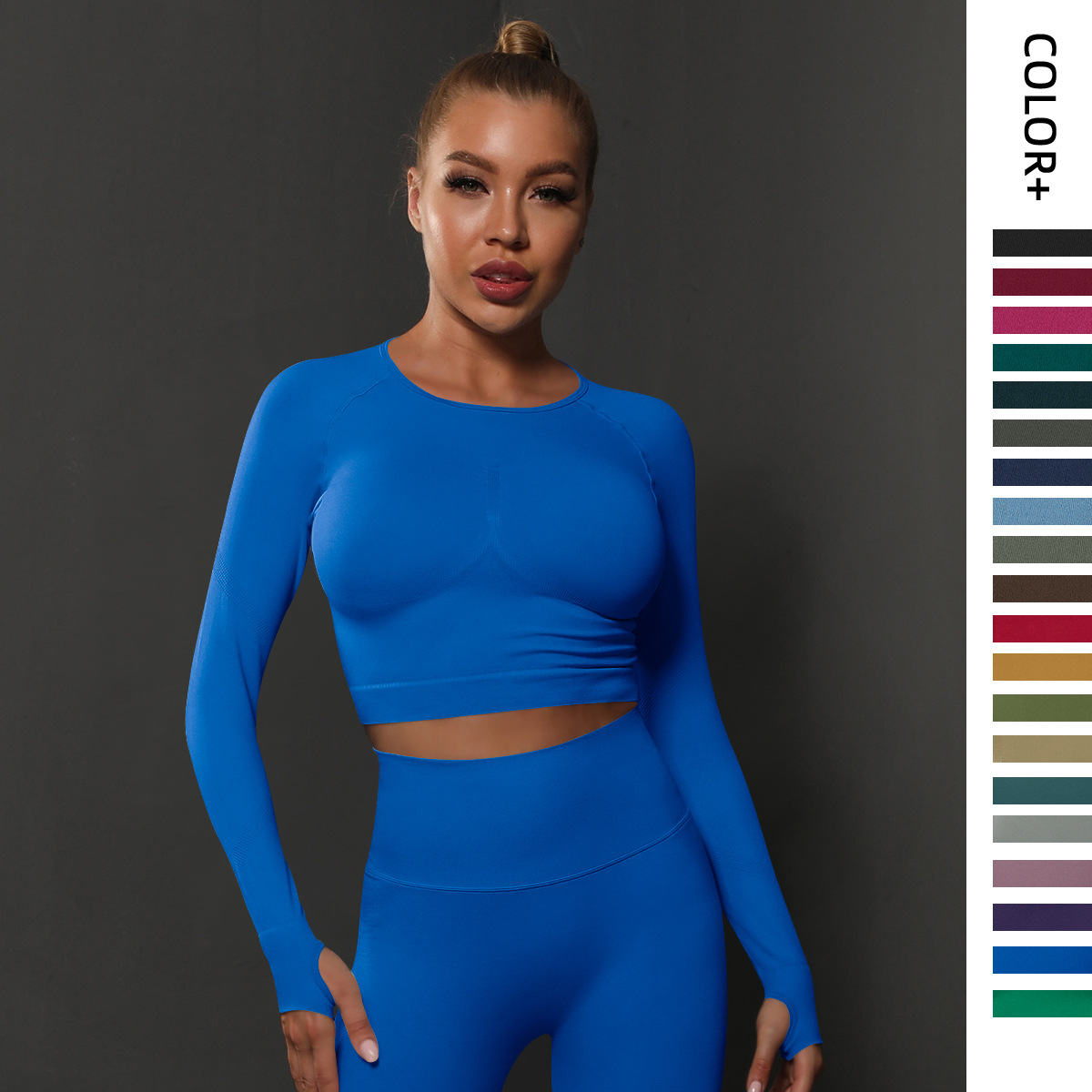 Transfronterizo europeo y americano sin costuras apretado color sólido plisado deportes de manga larga superior alto elástico transpirable correr fitness yoga ropa para mujeres