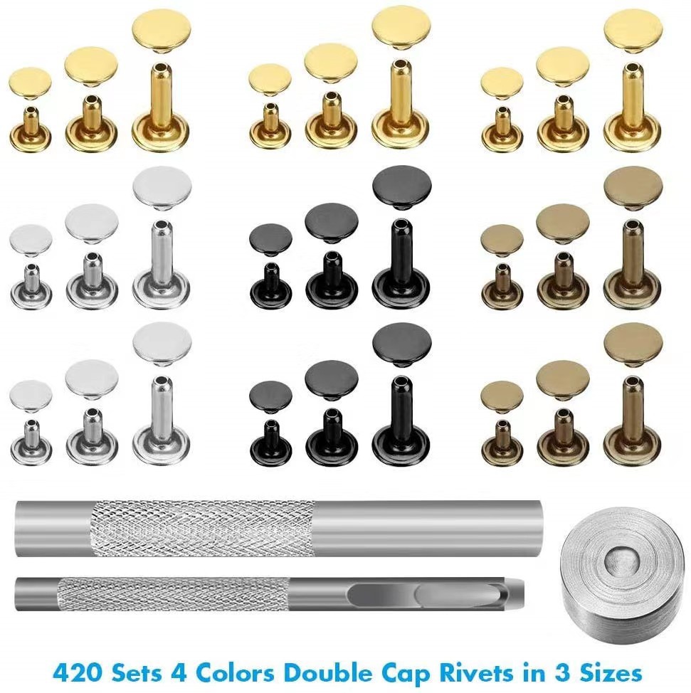 240 sets de remaches metálicos de doble cara 3 colores 2 tamaños con puncher + herramientas de instalación en caja