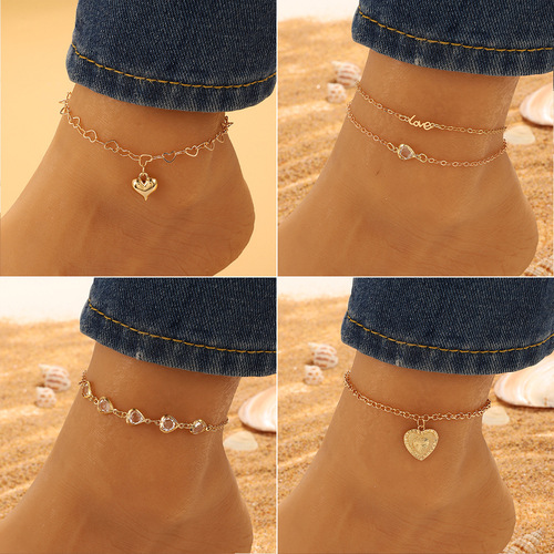 Cross-border jewelry Instagram minimalist fashion heart ankle chain, fashionable bohemian heart-shaped ankle chain beach foot ornament wholesale