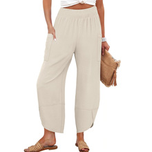 亚马逊欧美夏季新款高腰哈伦裤宽松纯色侧口袋九分裤慵懒风女式