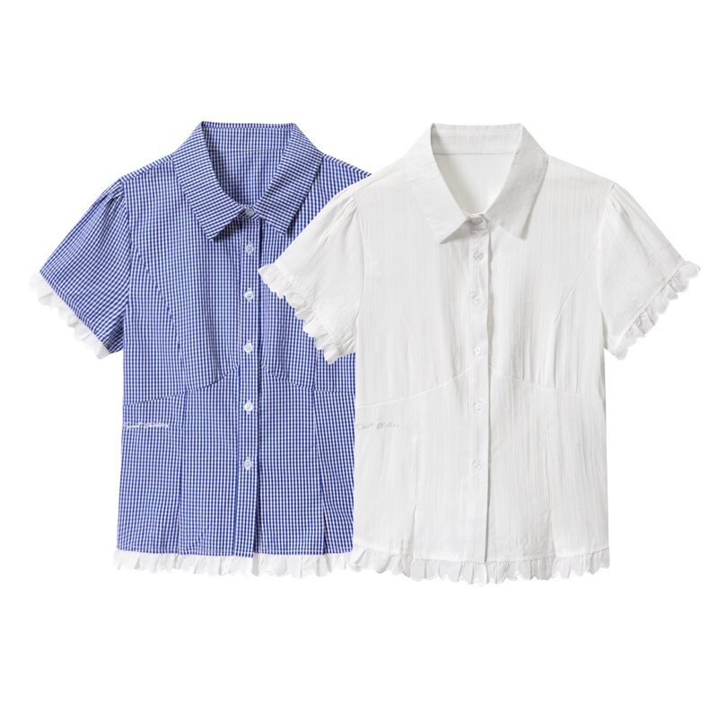 6802-25 New Summer Style French Preppy Style Back Waist Lace Plaid Single-Breasted Short-Sleeved Casual Shirt 6802-25 New Summer Style French Preppy Style Back Waist Lace Plaid Single-Breasted Short-Sleeved Casual Shirt