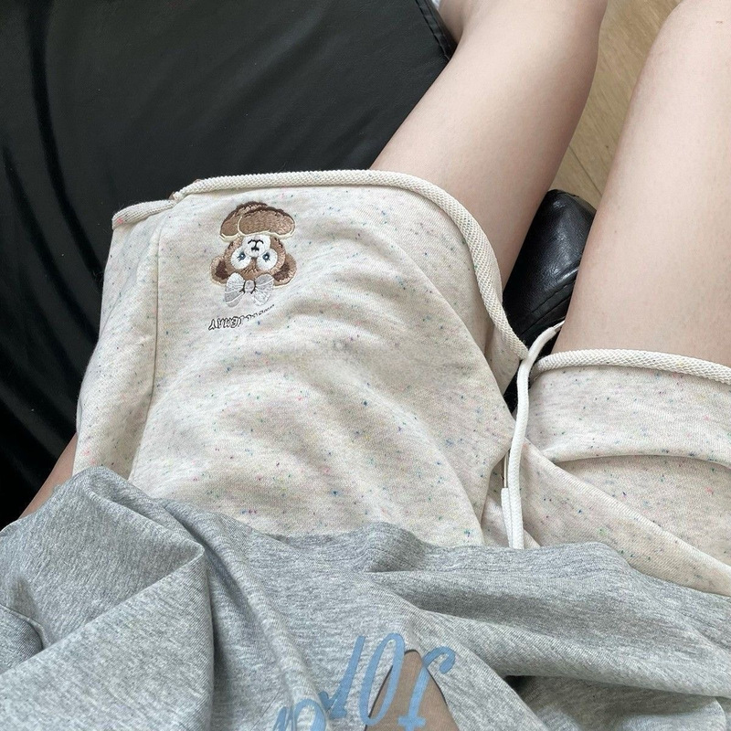 Cute Bear ~ Colored Cotton Dot Cute Embroidered Casual Shorts Women's Loose Slim Wide Leg Five-point Sports Pants for Summer