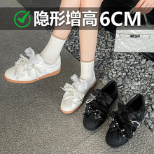 绸缎复古蕾丝小白鞋女鞋2025厚底内增高休闲运动鞋芭蕾风德训鞋女