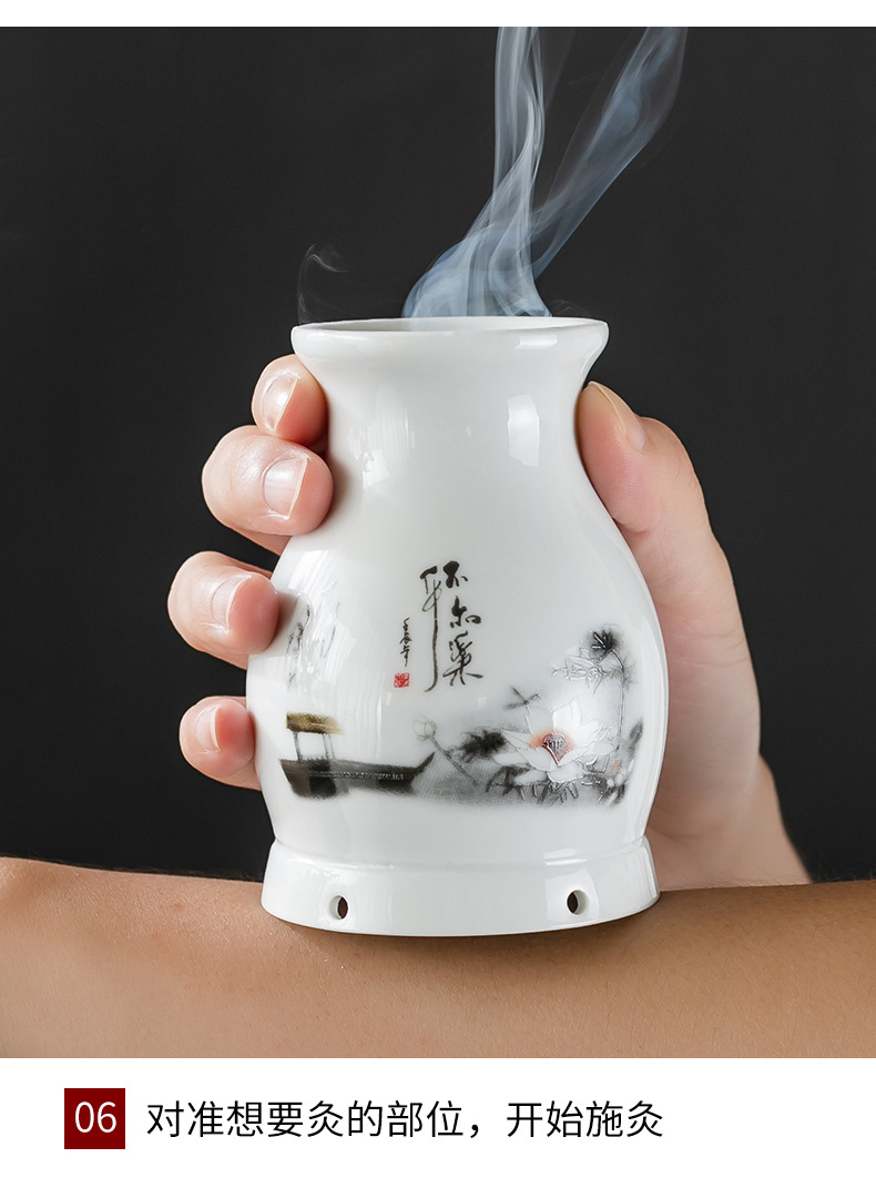 Multifunctional Ceramic Moxibustion Jar Double Wall Heat Insulated Cup Gua Sha Massage Warming Tool specifications