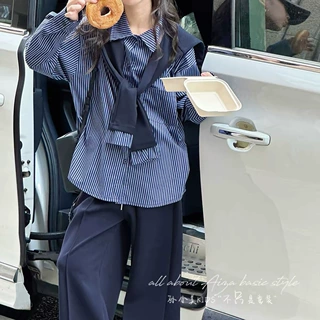 套装2026女童秋季新品童装5057中大童韩版条纹衬衫+披肩+阔腿裤