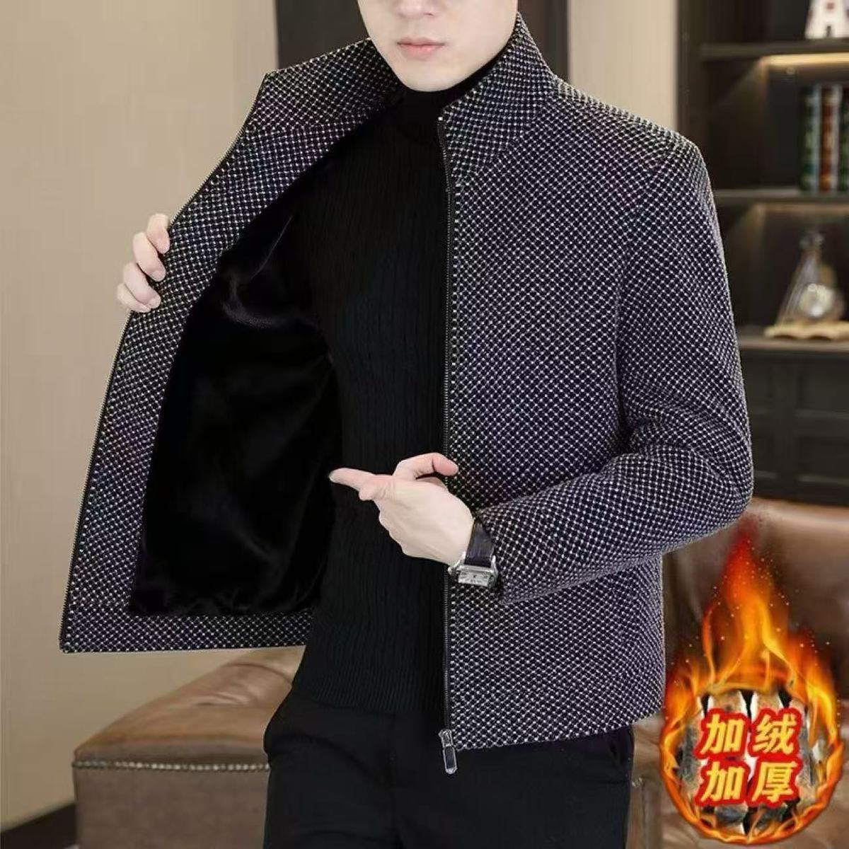 Autumn and Winter New High-End Men's Woolen Coat Casual Versatile Fleece-Lined Thickeneded Woolen Dad Middle-Aged Jacket