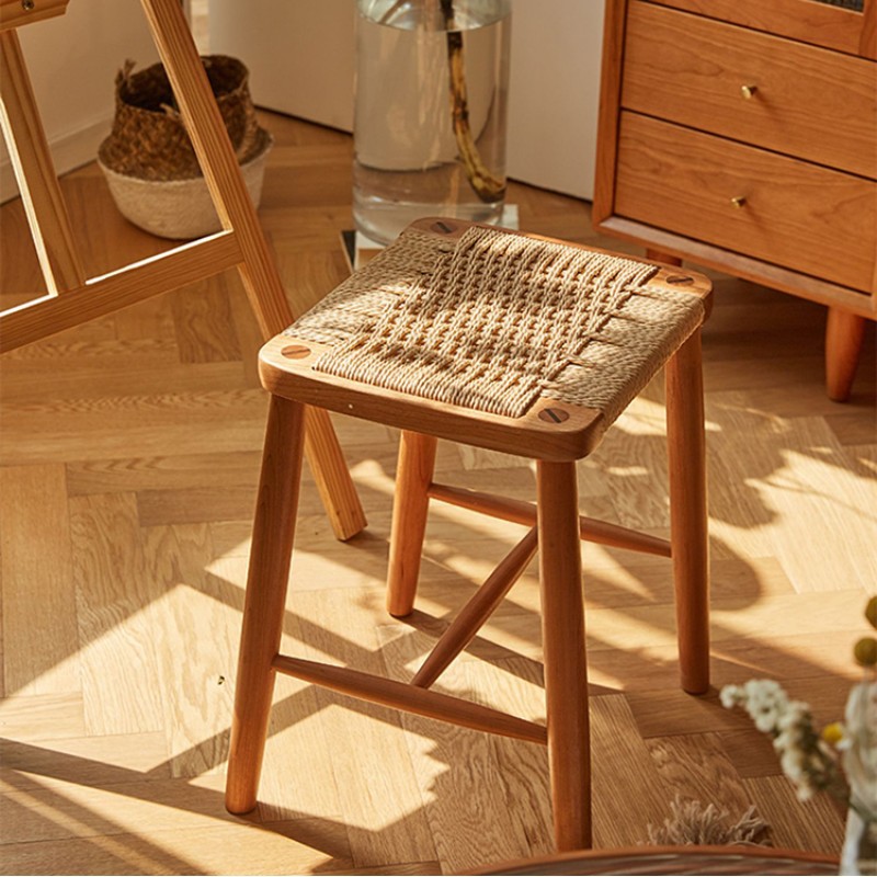 北欧风设计师实木复古绳编矮凳家用餐厅餐椅樱桃木简约创意梳妆凳