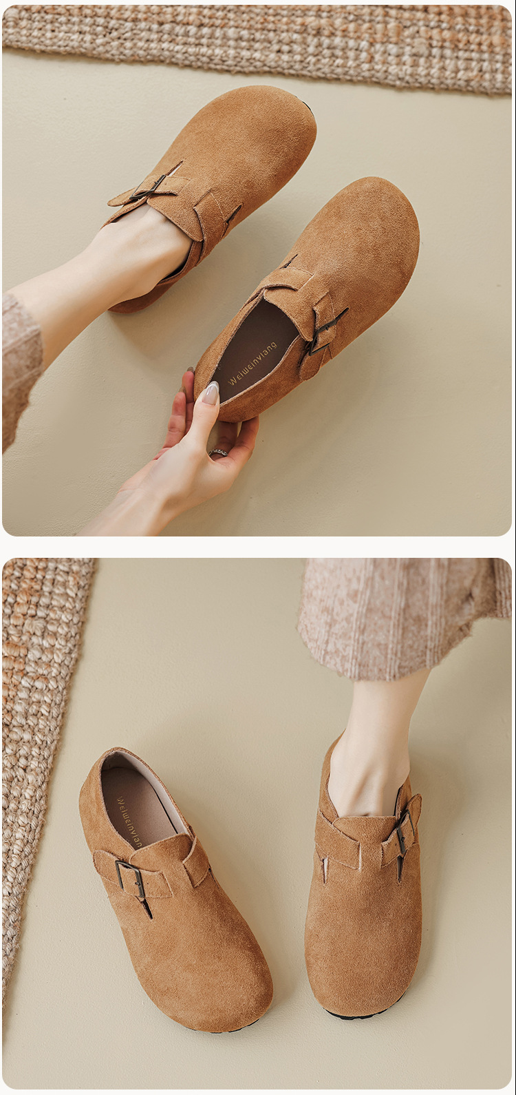 2024 New Women's Genuine Leather Winter Outwear with Plush Shoes Flat Sole, One Step Milard Retro Soft Sole Bucken Single Shoes_voghion.com