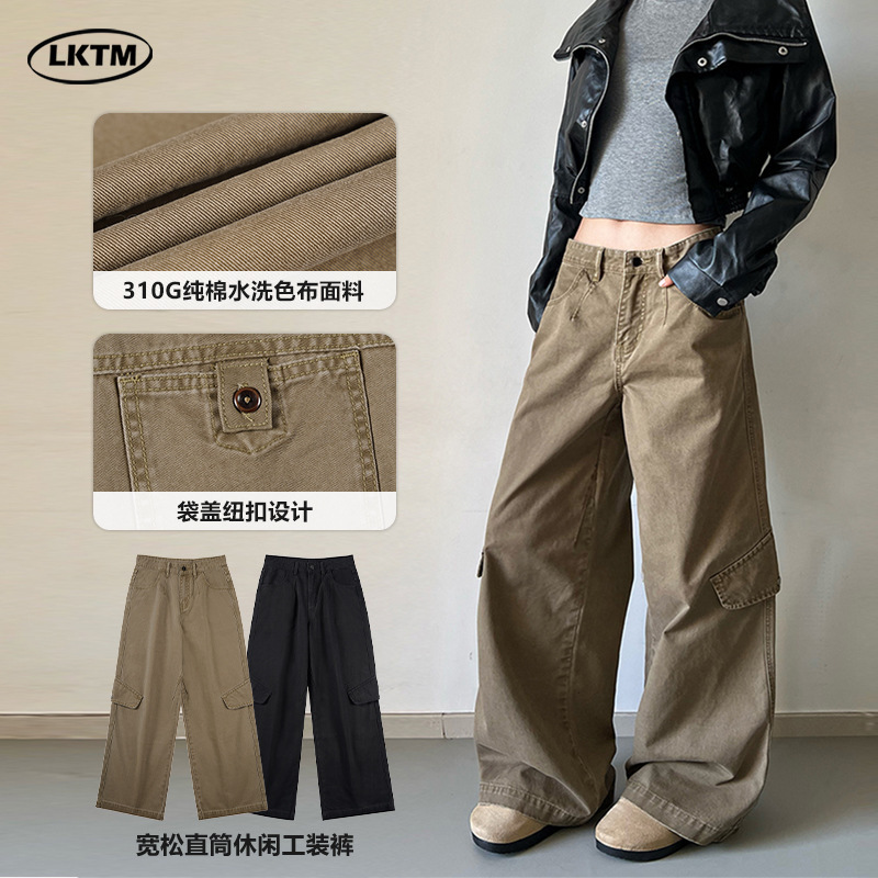 Lktm Men's Clothing American Retro Twill Cotton Washed Faded Bag Flap Cargo Pants for Men and Women Baggy Design Casual Pants