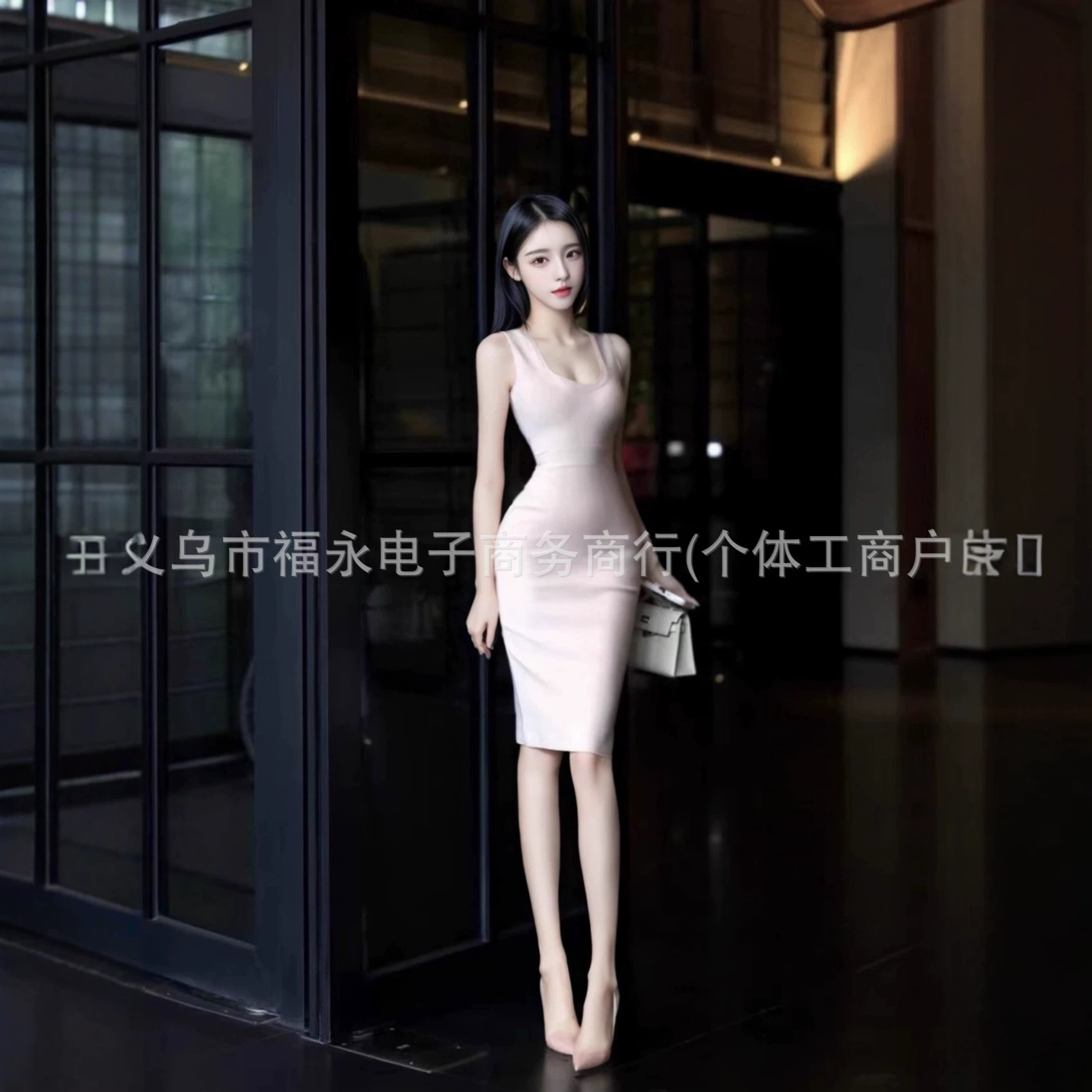 Blogger's popular Korean-style solid color U-neck tank top bodycon elastic slim-fit waist sleeveless dress with bandage design