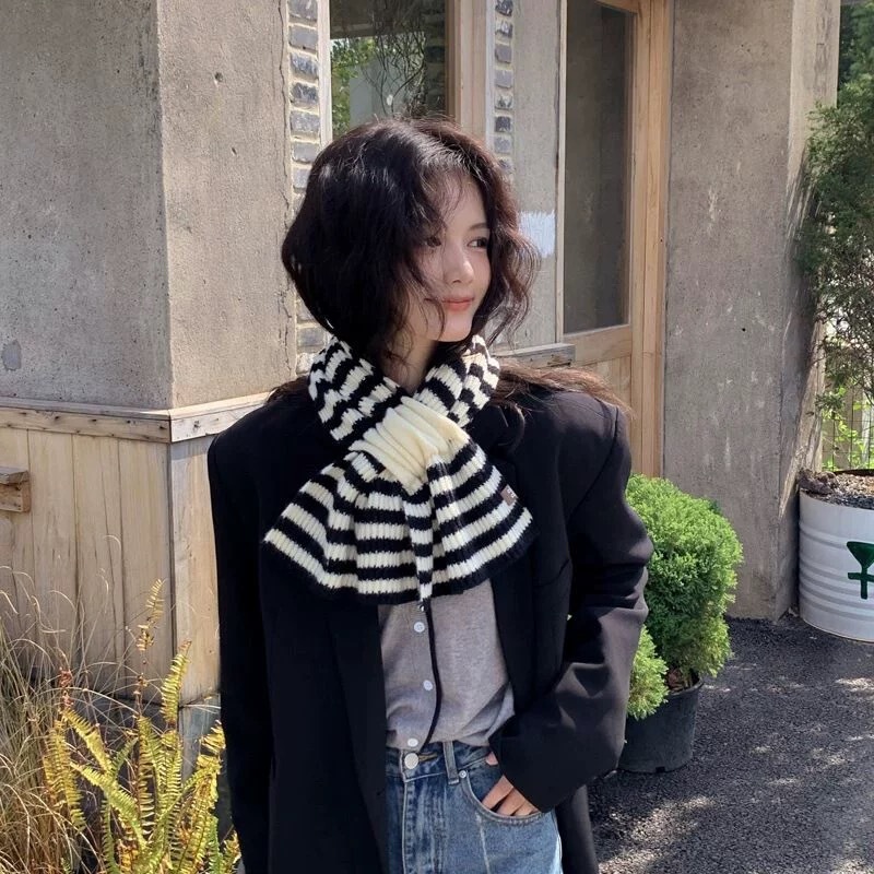 针织条纹交叉围巾女秋冬季韩版网红懒人套头毛线围脖百搭时尚围巾|undefined