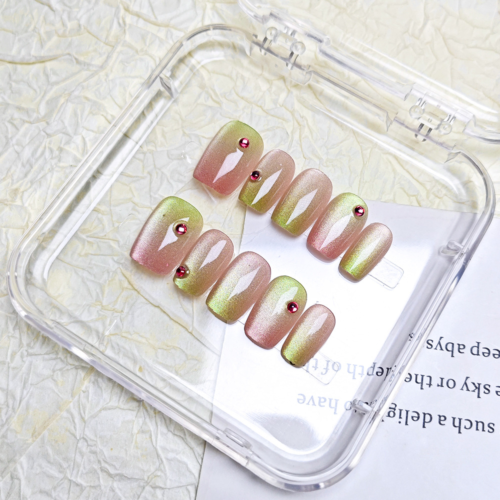 Exquisito parche de uñas con incrustaciones de diamantes, uñas cortas de brillo de ensueño, 10 piezas, uñas de uñas de ojos de gato de código dividido
