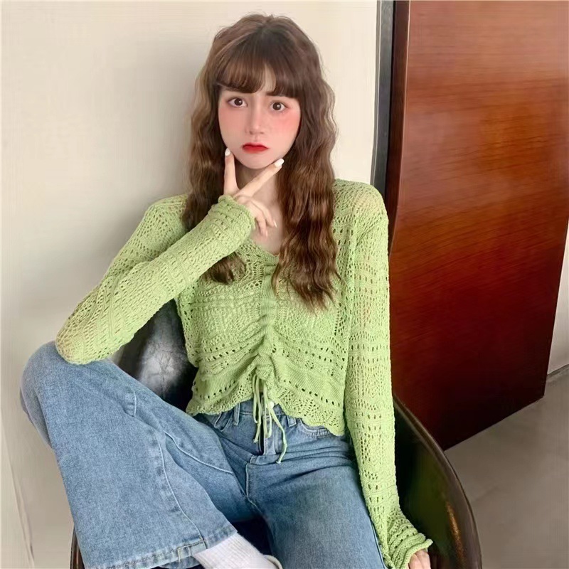 Summer Season Women's Gender Hollow Out Design Vacation Style Wholesale Women's Vacation Solid Color Long Sleeve Hollow Out Sweaters & Cardigans