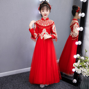 Girls kids red color Chinese qipao model show birthday party performance cheongsam dress guzheng costumes girls long-sleeved XiuHe flowers girls wedding dress for baby