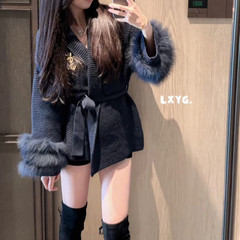 慵懒风毛毛袖针织毛衣外套女早秋季韩系纯欲气质宽松显瘦开衫上衣