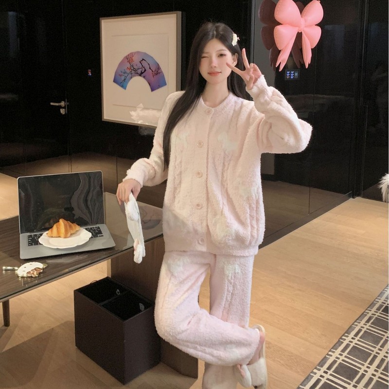 半边绒睡衣卡通小熊可爱睡衣宽松外穿开衫软糯加厚慵懒风女家居服|undefined