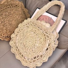 ins简约镂空圆形单肩草编包手工钩花编织包沙滩包女包简约时尚女