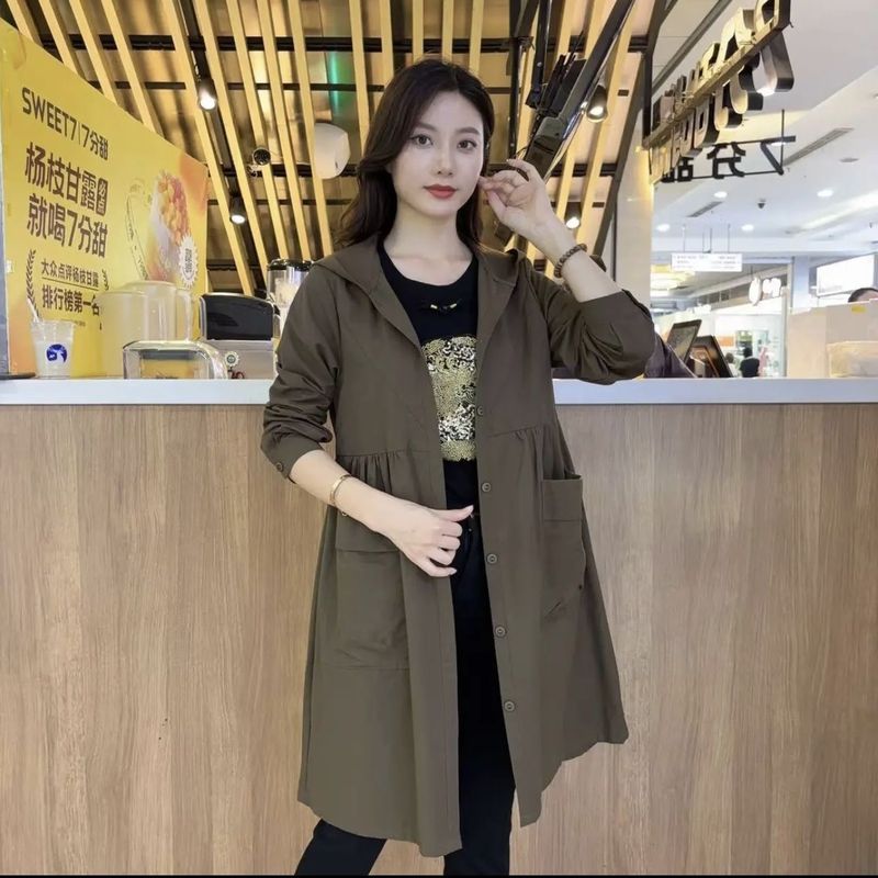 风衣口袋中长款妈妈外套秋季连帽上衣韩版春秋时尚新款宽松洋气|undefined