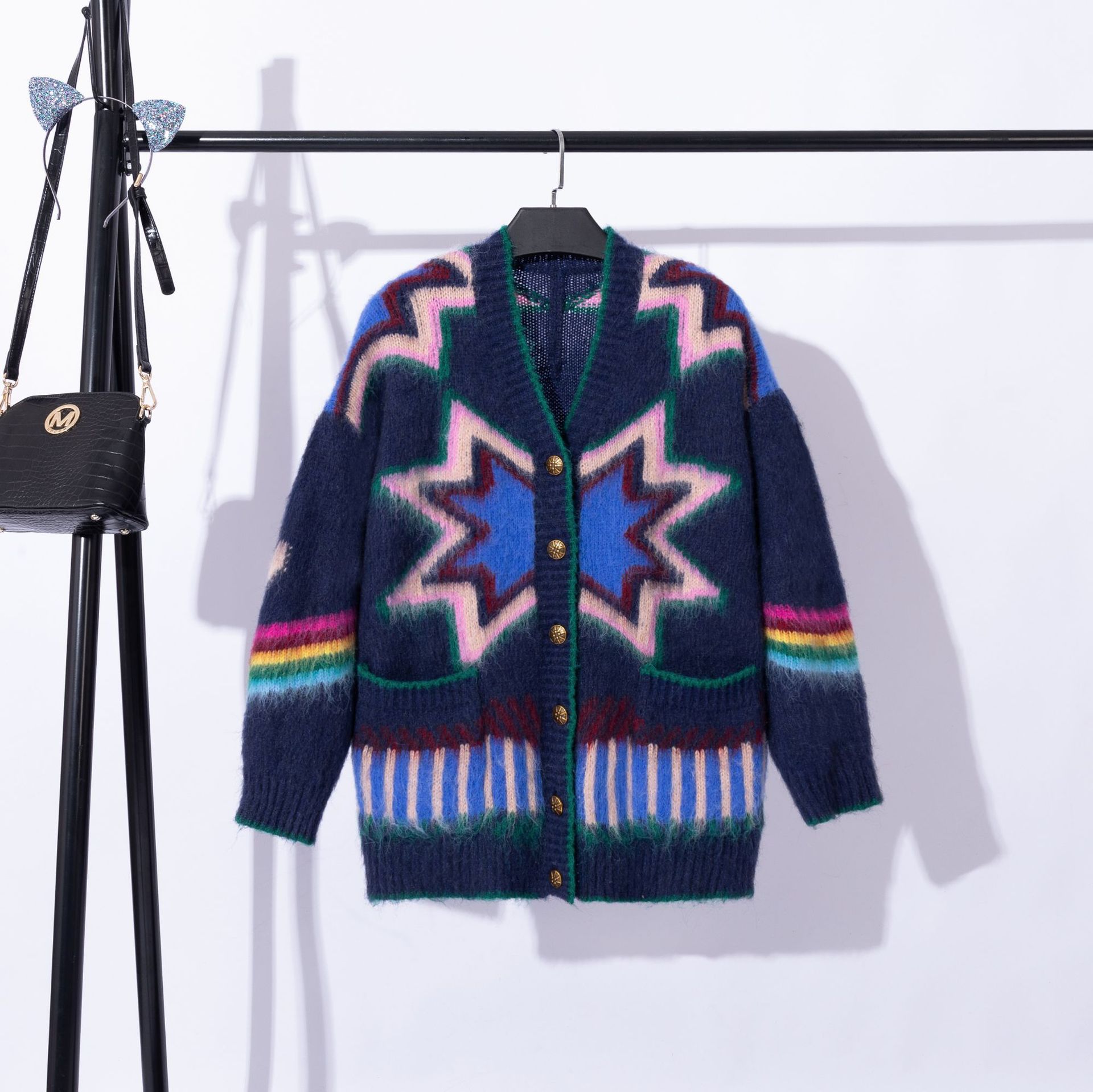 杨小幂明星同款撞色慵懒风长袖针织开衫外套2025秋冬新款彩虹毛衣