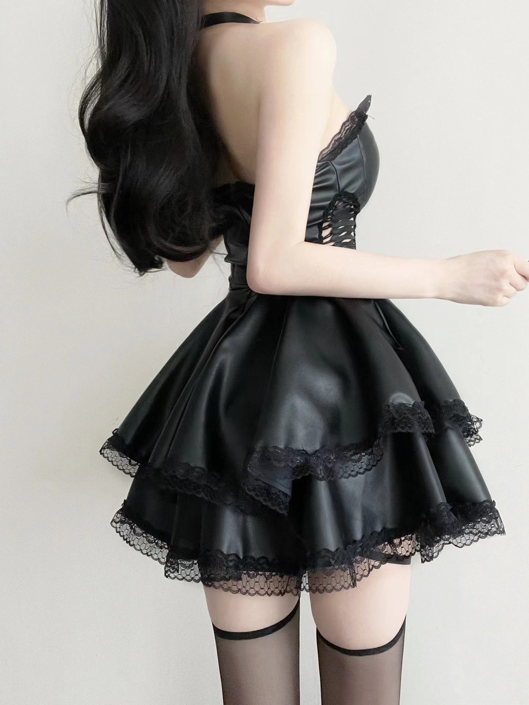 Faux Leather Mini Dress with Lace Trim, Off-Shoulder Tube Top, Cinched Waist — detail image 4