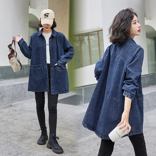 Casual Windbreaker Spring and Autumn Mid-length Loose plus size Women's Clothing Middle-aged Mom Autumn Clothing chubby girl Denim Shirt Coat Women
