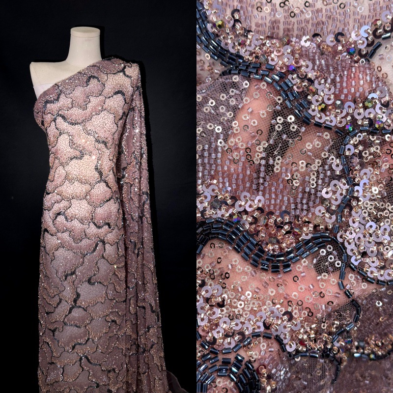 Tubo de cuentas bordado de alta gama cuentas bordado sequinado tela de red de encaje ondulado fondo DIY estilo Hepburn vestido de boda tela