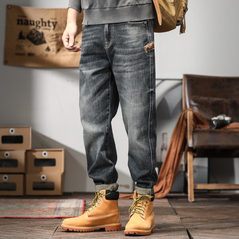 American Retro Workwear Jeans Men's Straight Loose Washed Distressed Casual Pants Men's Spring and Autumn Tactical Pants