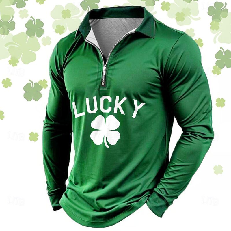 New Cross-Border Men's Lucky Clover Digital Print Lapel Short-Sleeve Polo Shirt Casual Loose Zipper Top New Cross-Border Men's Lucky Clover Digital Print Lapel Short-Sleeve Polo Shirt Casual Loose Zipper Top