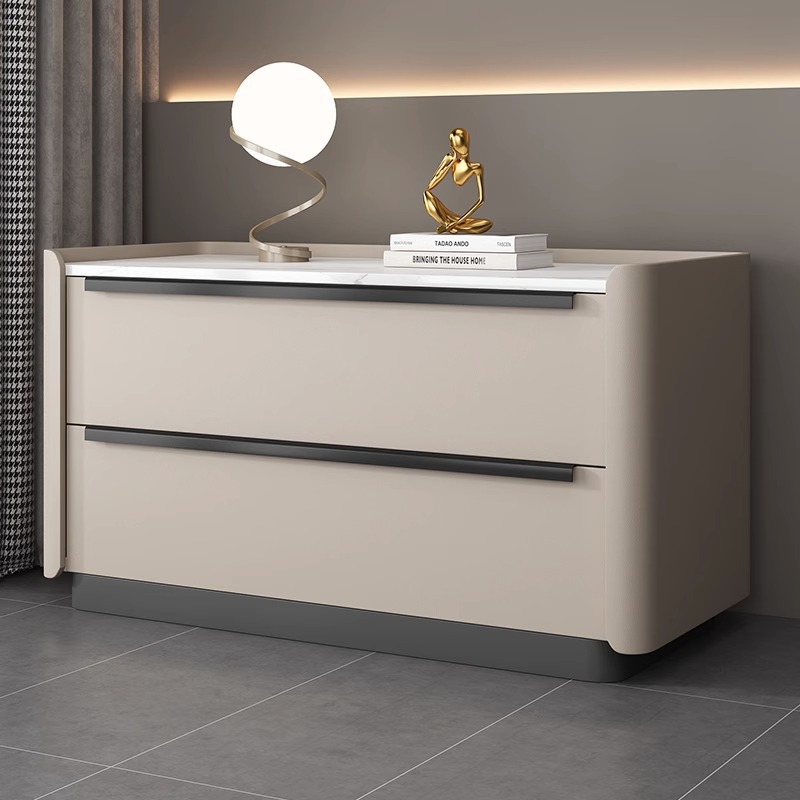 Modern minimalist cream-style luxury high-end bedroom solid wood storage nightstand with large rock slab surface