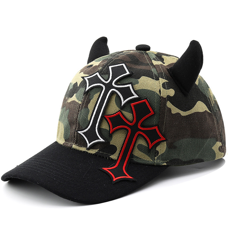 Handmade DIY devil cross patch embroidery camouflage horn baseball cap for men and women adjustable duck tongue hat