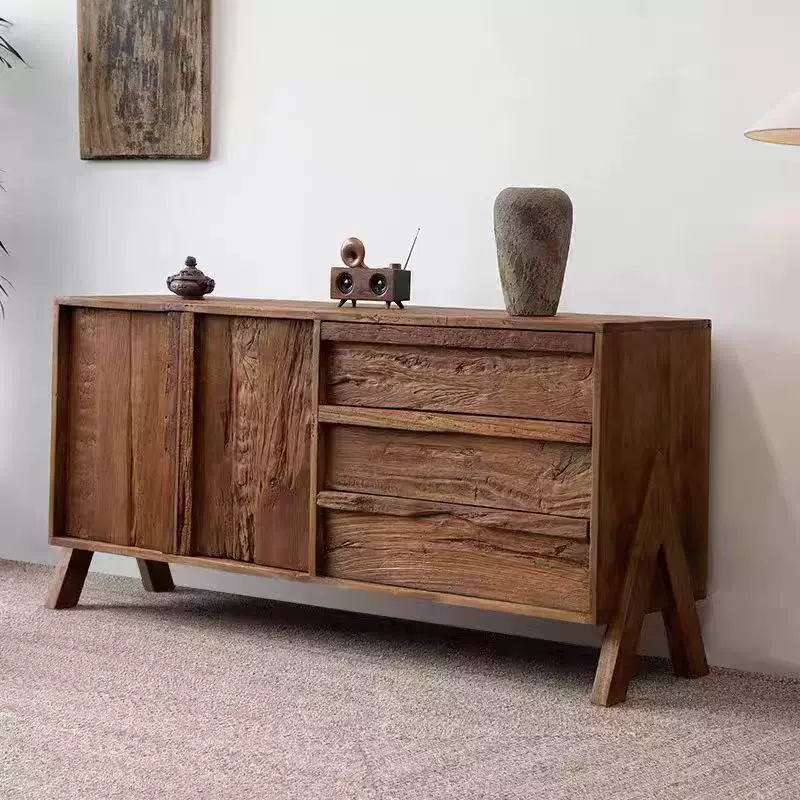 侘寂风老榆木储物柜实木靠墙餐边柜民宿复古斗柜中古玄关收纳柜