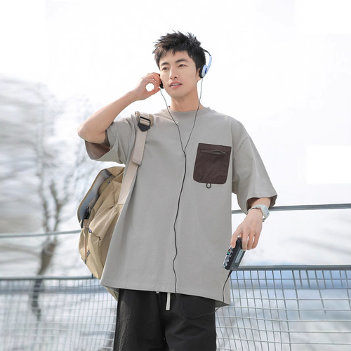 Factory Direct Supply 220g Heavyweight Pure Cotton Pocket Short Sleeve T-Shirt for Men Summer Retro Pure Cotton Loose Half-Sleeve T-Shirt