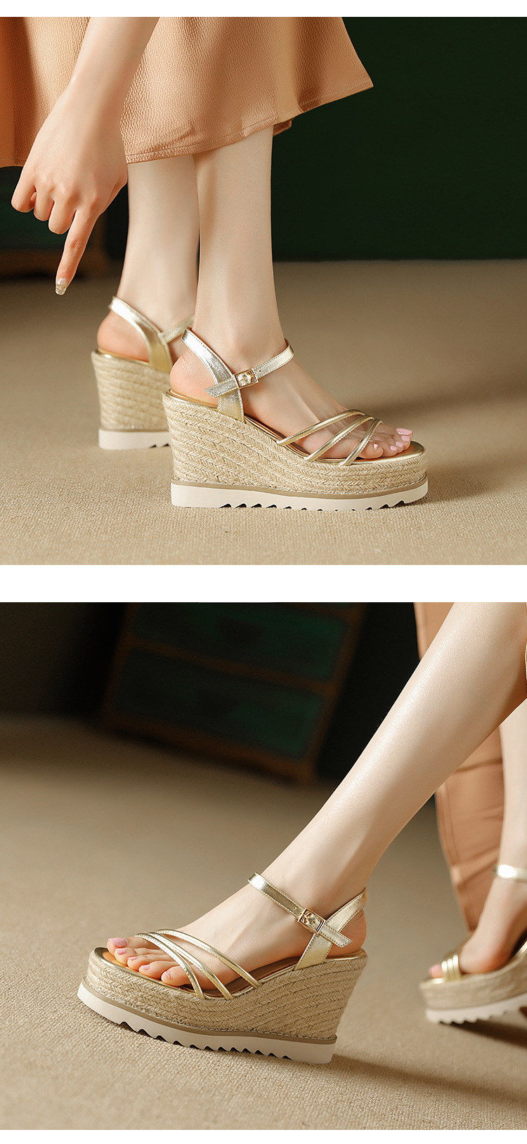 Sandal cao gót nữ phong cách Bohemian quai ngang mảnh hở mũi, đế xuồng đan rơm cao 9 cm — màu vàng, bạc chi tiết 4