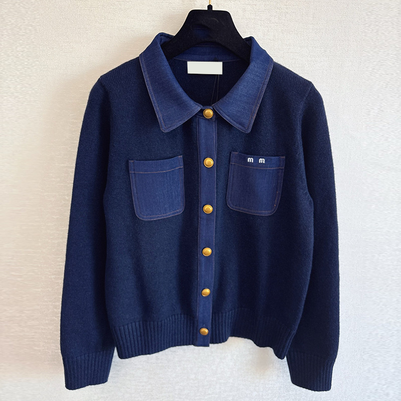 Miu Retro Denim Splicing Knitted Cardigan Metal Buckle mm Embroidered Flap Pocket Pants Short Lapel High-End Wool Top