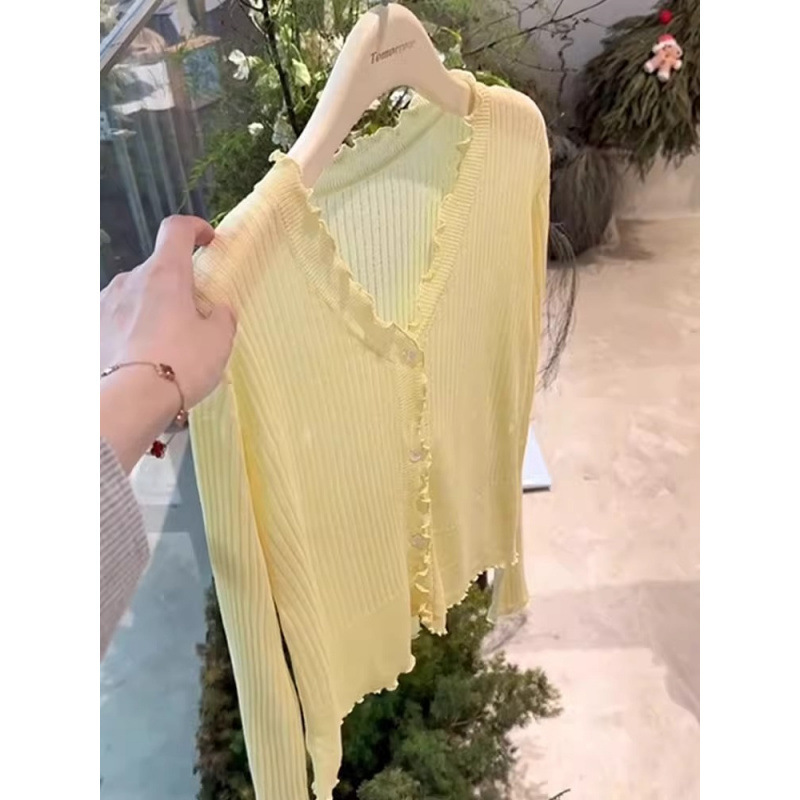 木耳边v领针织开衫上衣女夏小个子短款防晒小披肩薄纱外搭空调衫|undefined