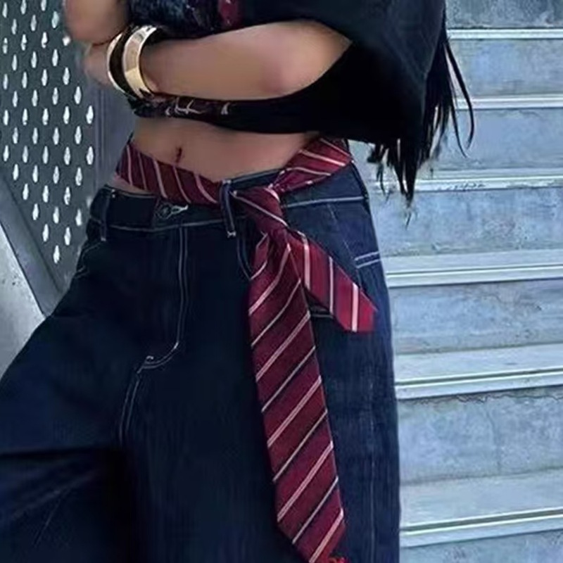 两用咖啡条纹腰带配牛仔裤美式复古小众领带设计宽松休闲男女neck|undefined