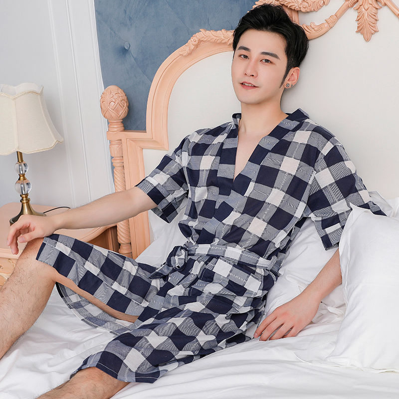 Camisón de manga corta pijamas de los hombres primavera y otoño albornoz algodón primavera y otoño mediados de longitud de algodón ropa de casa de verano