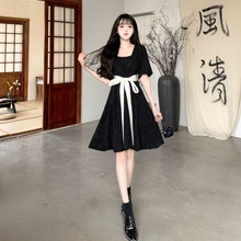 大码女装复古黑色礼服连衣裙夏季高级感减龄蝴蝶结绑带公主裙